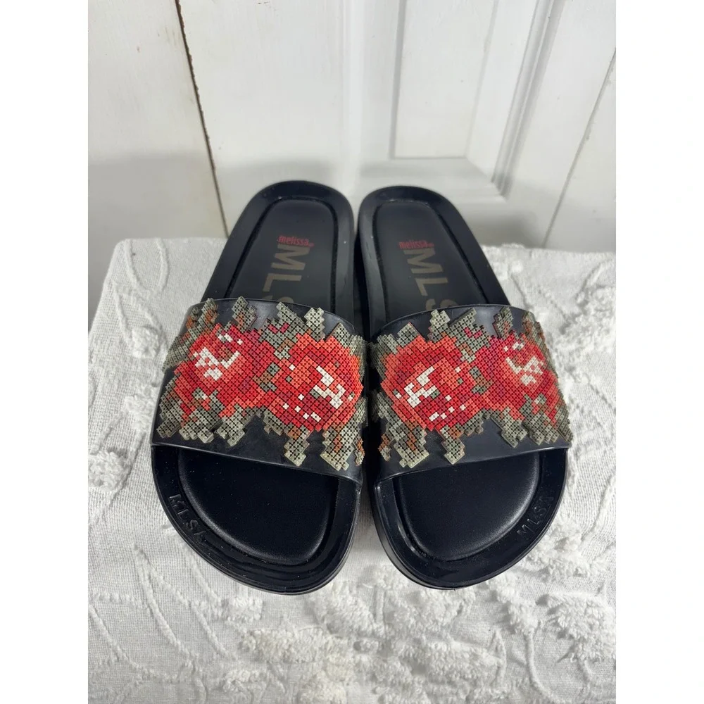 Melissa MLSA Adorn Slide Sandals Black Floral‎ Beaded Embellished Women's 8